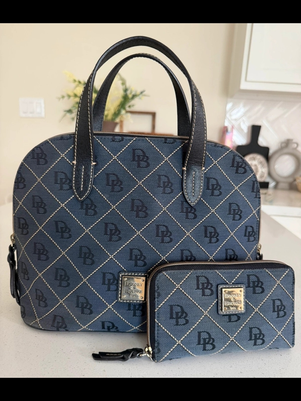 Dooney & Bourke Navy Quilted Logo Satchel with Matching Wallet Set